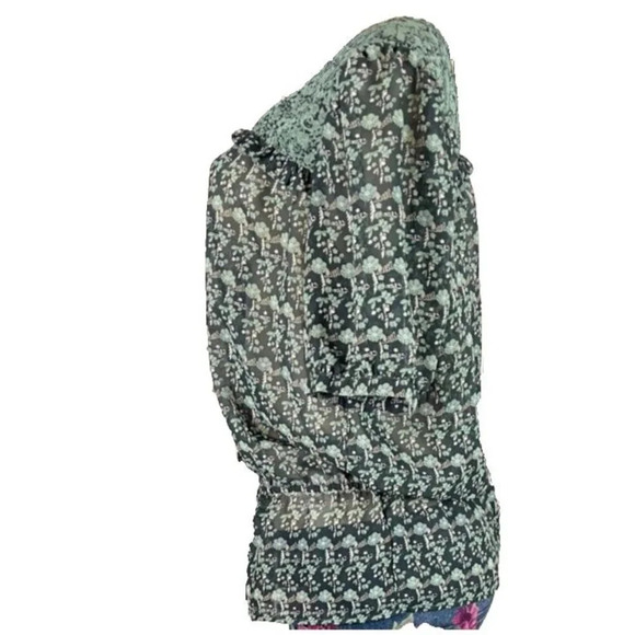 Rockmans 12 Green Floral Sheer Print Drop Elastic Waist Short Sleeve Blouse - Picture 3 of 6